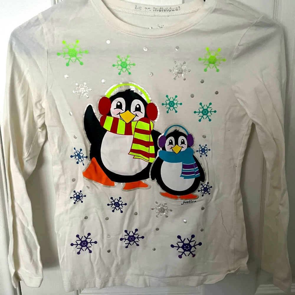 Justice Girls Christmas Penguin Long-sleeve Shirt